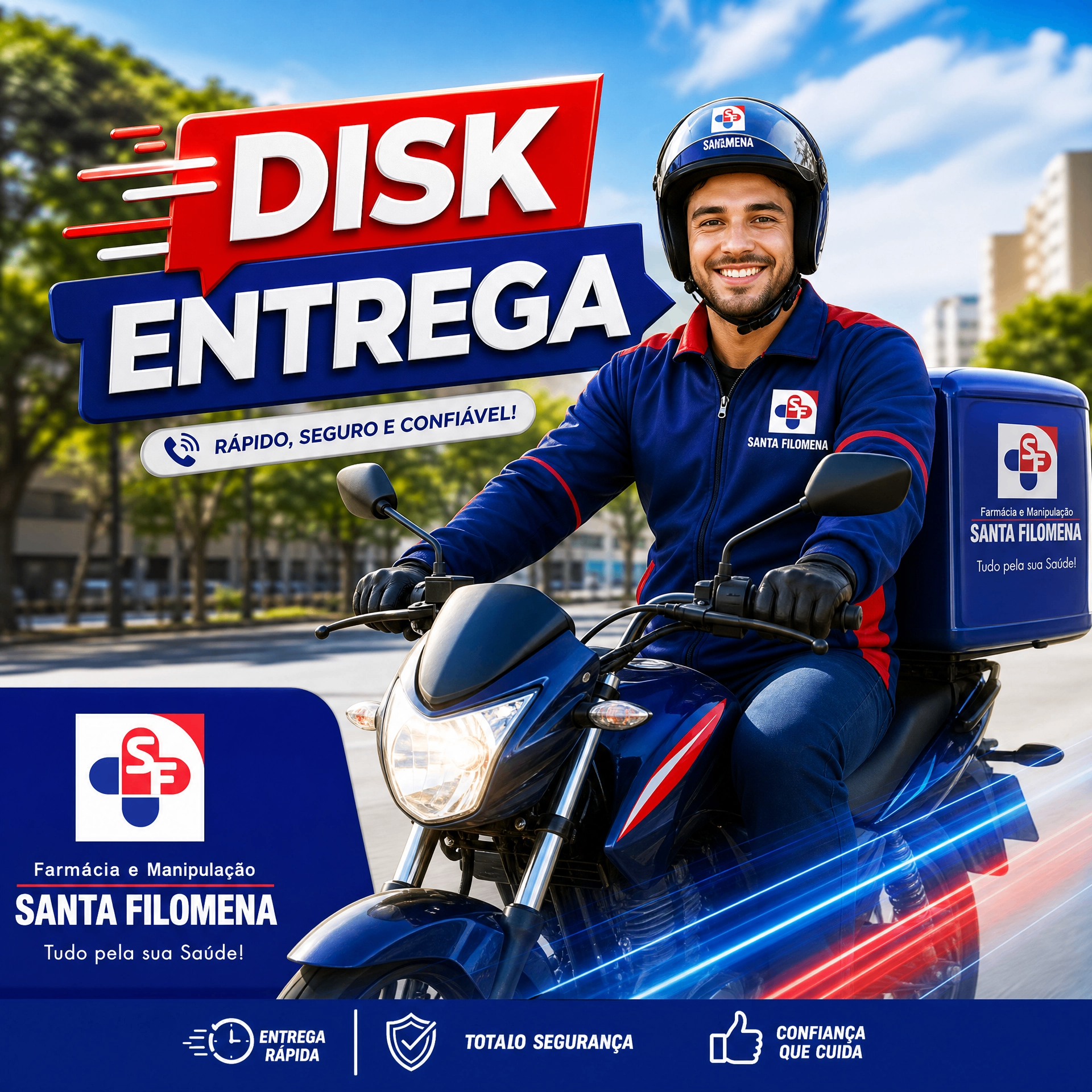 Motoentregador da Farmácia Santa Filomena realizando Disk Entrega em Presidente Prudente